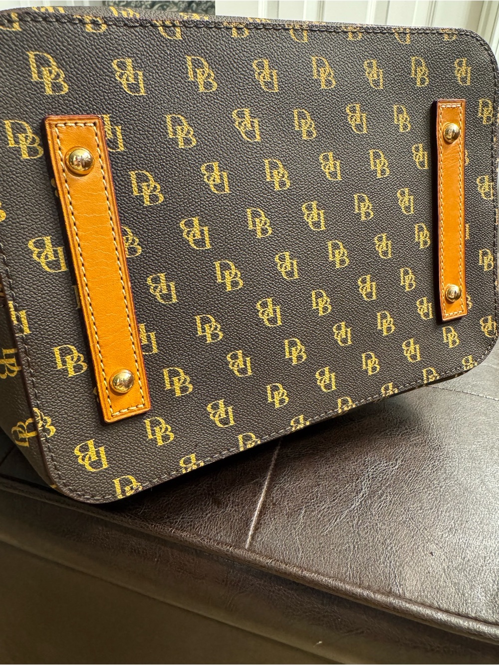 Dooney & Bourke Monogram Gretta Drawstring bag with Tan Trim and Red Lining - Picture 7 of 10
